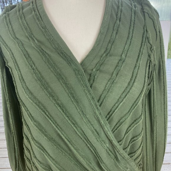 Maeve Anthropologie Audre Faux Wrap Surplice Shirt Green Striped Long Sleeve-XS - Picture 5 of 15